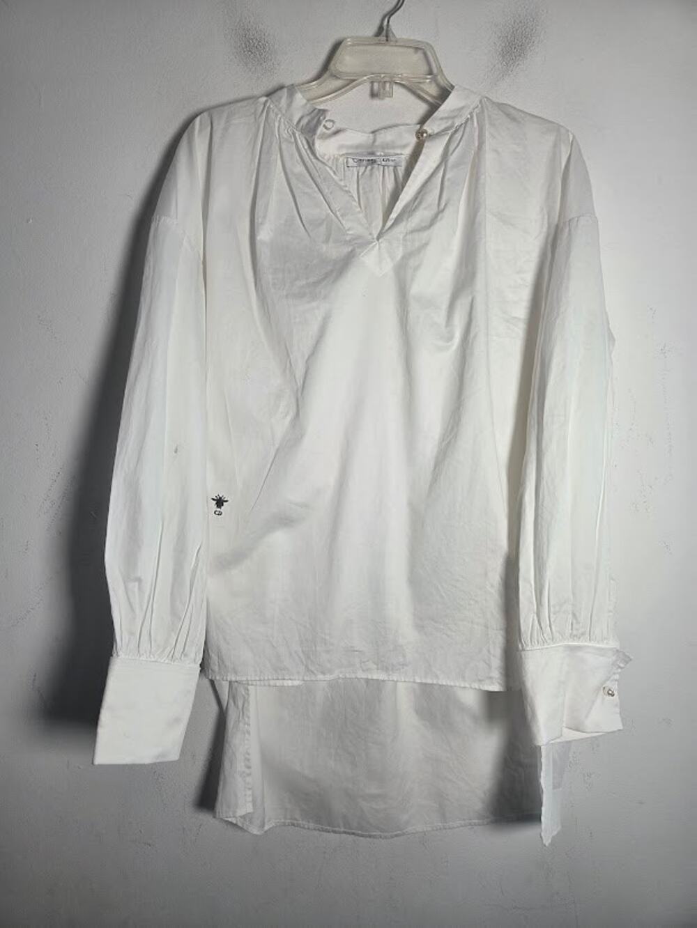 Christian Dior White "Bee" Black Embroidery Cotton Mandarin Collar Shirt Small